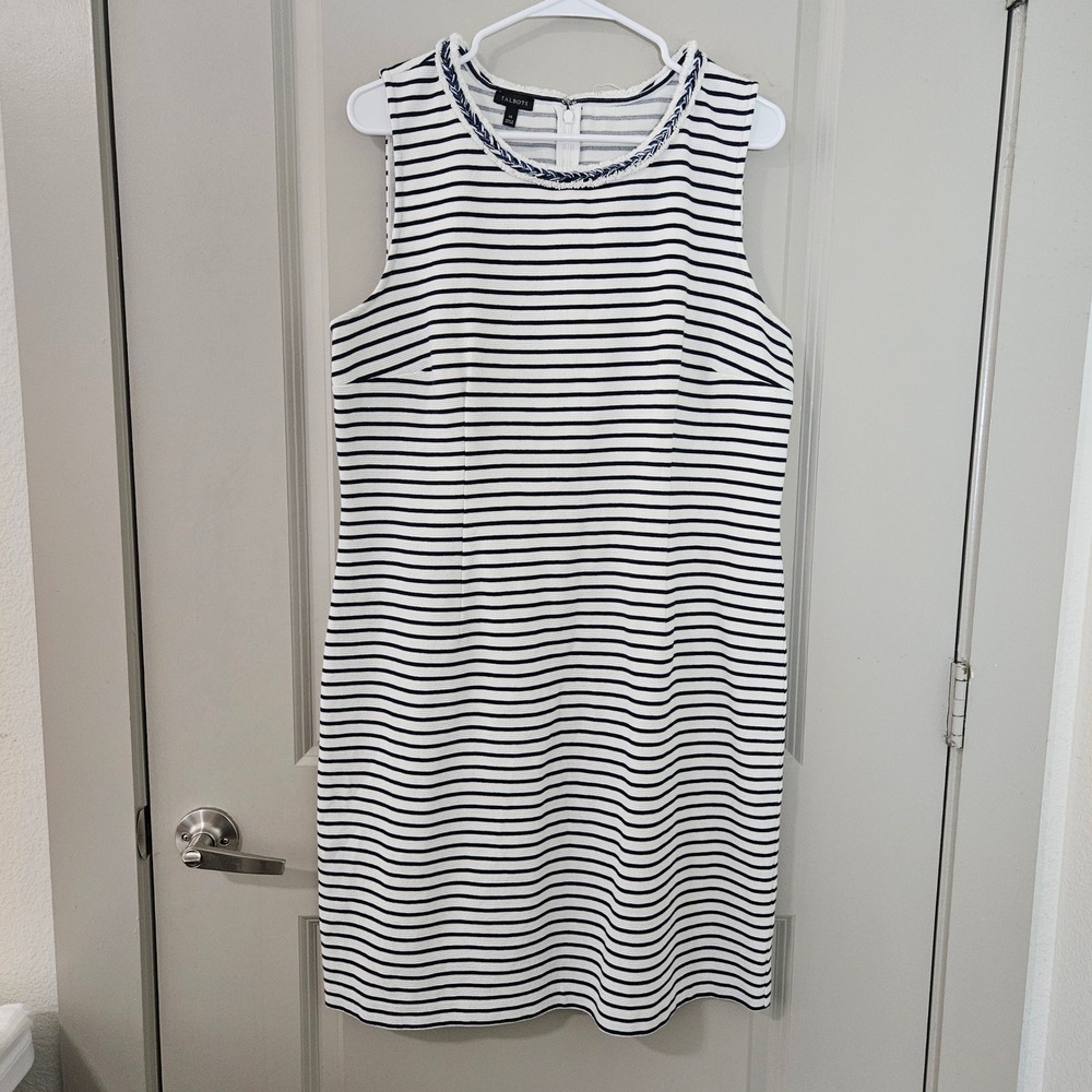 Talbots Womens Navy White Striped Sleeveless‎ Shift Dress Braided Trim Size 14